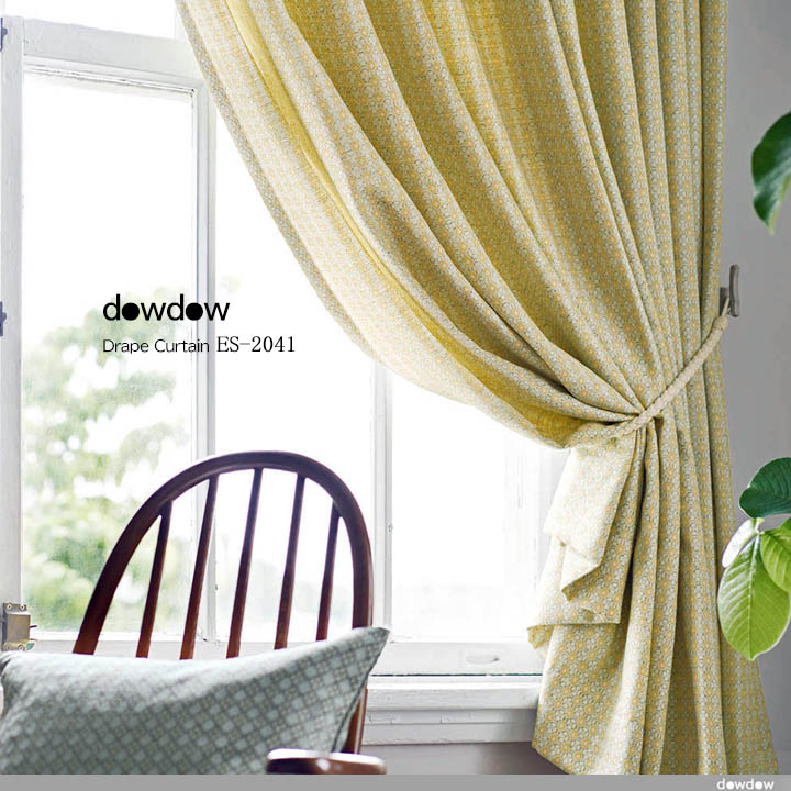 【北欧ヴィンテージ】花柄パターンの織柄のドレープカーテン【ES-2041】イエロー&グリーン
