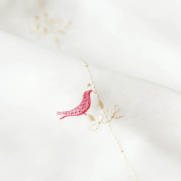 【フレンチシック】赤い鳥の刺繍レースカーテン【ES-3489】ホワイト&レッド