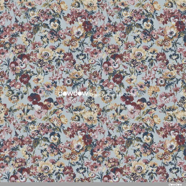 【クラシック カントリー】小花が咲き誇るゴブラン織りのドレープカーテン【HS-3207】ブルーグレー