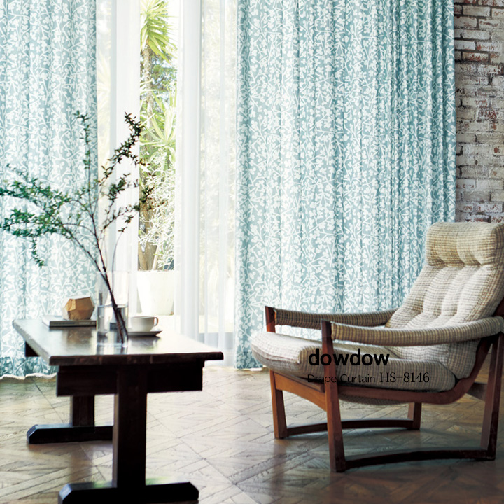 【北欧モダン】まるい雪を付けた木の枝のデザインのドレープカーテン【HS-8146】ブルーグリーン