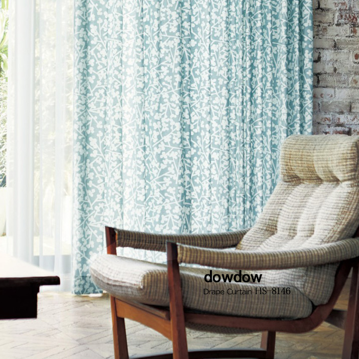 【北欧モダン】まるい雪を付けた木の枝のデザインのドレープカーテン【HS-8146】ブルーグリーン