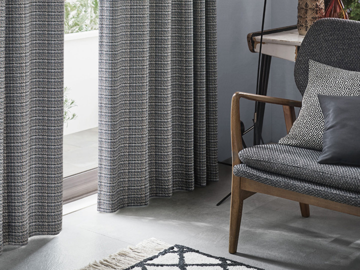 【ミッドセンチュリー】モザイクのような織のドレープカーテン【IS-5072】ブルーグレー