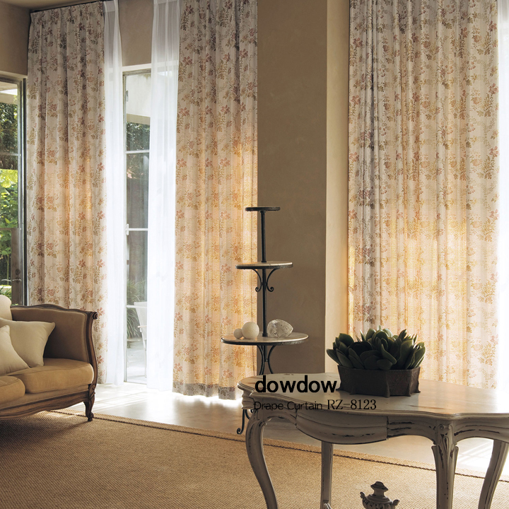 【アンティークラシック】ボタンの花柄のジャガード織のドレープカーテン【RZ-8123】ピンク＆ベージュ