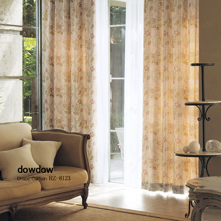 【アンティークラシック】ボタンの花柄のジャガード織のドレープカーテン【RZ-8123】ピンク＆ベージュ