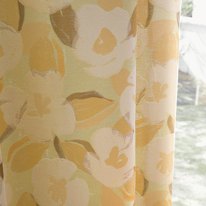 【北欧モダン】ツバキのジャガード織のドレープカーテン【SC-1147】イエロー＆ベージュ