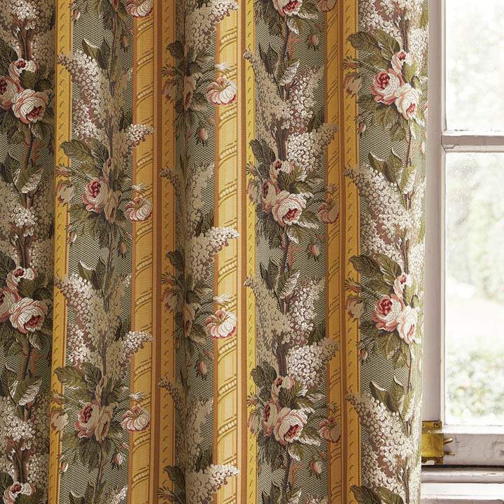 【アンティーククラシック】バラとリラの花柄のジャガード織のドレープカーテン【SC-1221】グリーン&ゴールド
