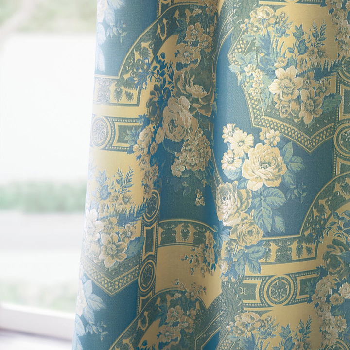【アンティークラシック】アラベスクの花柄のジャガード織のドレープカーテン【SC-1290】ブルーグリーン