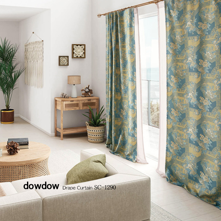 【アンティークラシック】アラベスクの花柄のジャガード織のドレープカーテン【SC-1290】ブルーグリーン