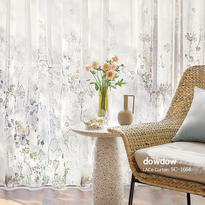 【フレンチカントリー】庭の花々の水彩プリントのレースカーテン【SC-1664】