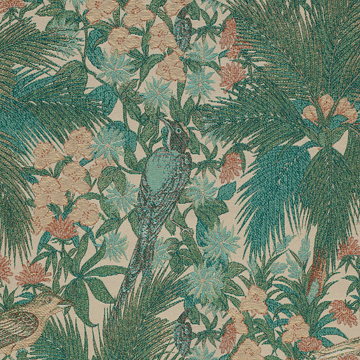 【フレンチ カントリー】シダ植物と花と鳥のドレープカーテン【SC-2012】グリーン