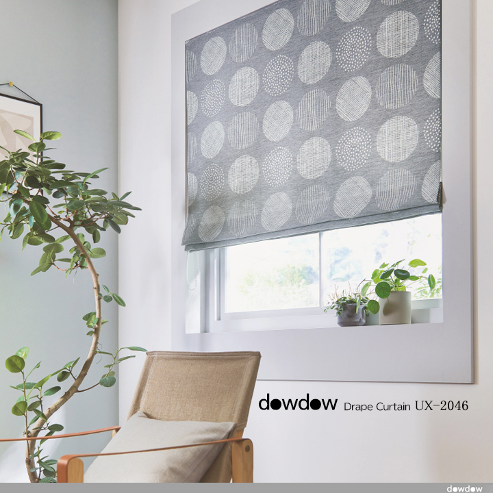 【北欧モダン】サークルの幾何学柄のドレープカーテン＆シェード【UX-2046】グレー