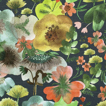 【北欧モダン】初夏の牧草地の花々のプリントのドレープカーテン【SC-2054】ダークグリーン