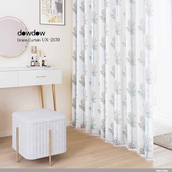 【シャビーシック】デイジーの花束柄のドレープカーテン＆シェード【UX-2170】ホワイト＆ブルー