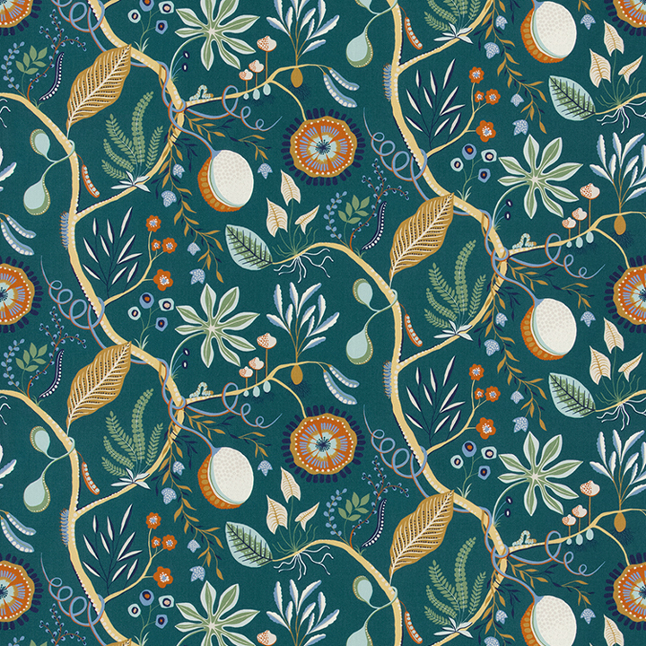 【ミッドセンチュリー】レトロな花柄のドレープカーテン【UX-7485】グリーン