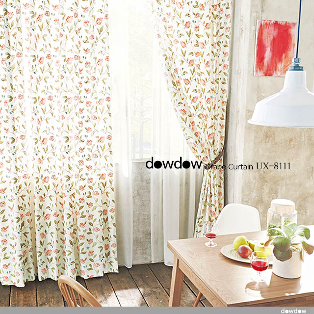 【フレンチ カントリー】鮮やかな花の刺繍のドレープカーテン【UX-8111】レッド